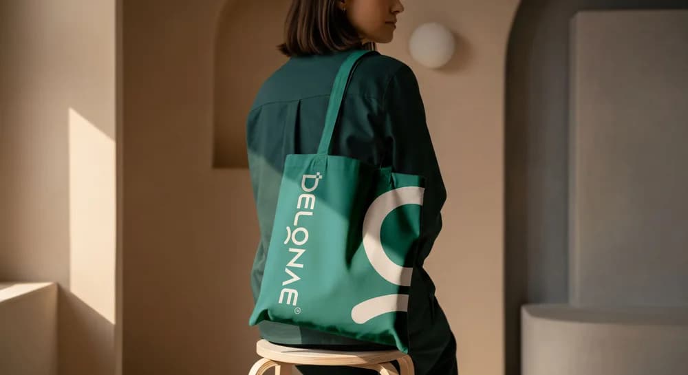 Delonae — Brand identity for a personal-care label, extended into merchandise and retail-facing applications.