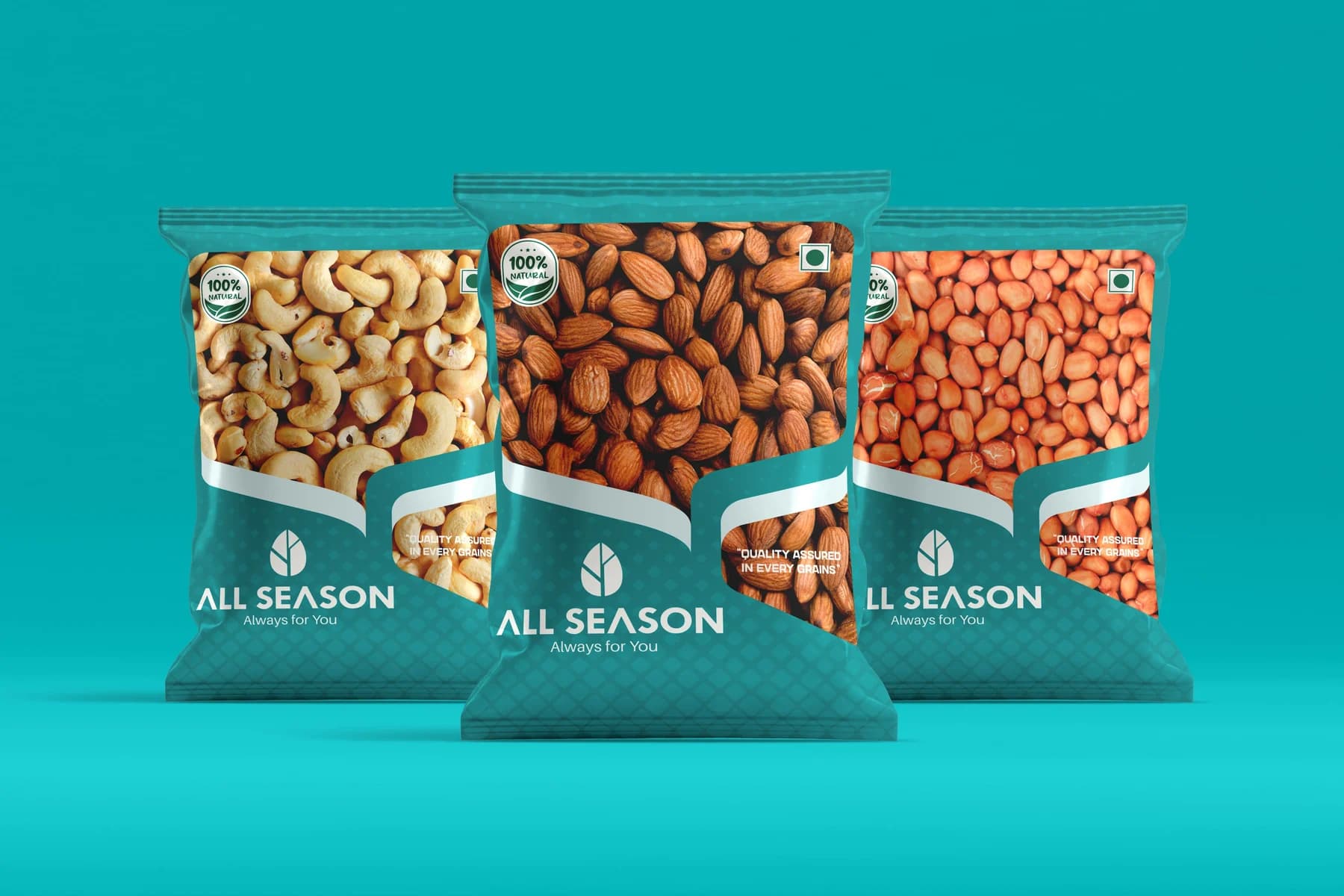 All Season — Nuts & Dry Fruits — Pouch packaging for a nuts and dry-fruit range, with a shared shelf system across cashew, almond and peanut lines.