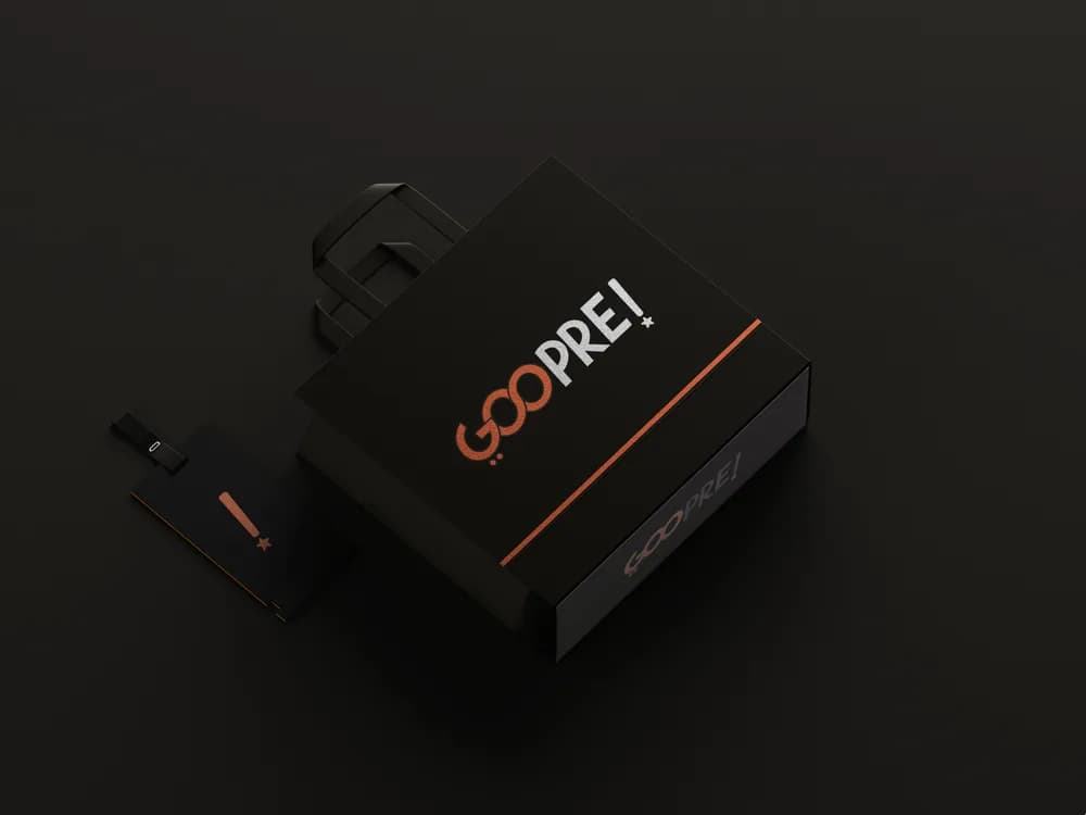 Goopre — Identity and premium black-box packaging for a consumer electronics accessory brand.