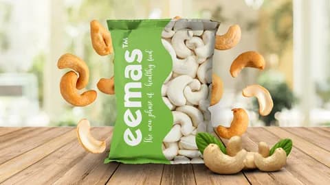 Eemas — Packaging and identity for a healthy-food label, applied across a cashew and dry-fruit range.