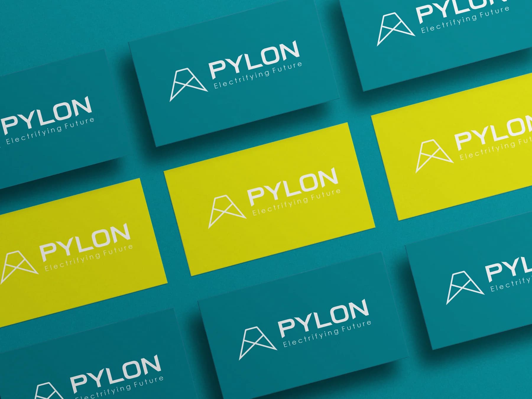 Pylon — Identity for an electrical infrastructure brand, applied across a two-colour stationery system.