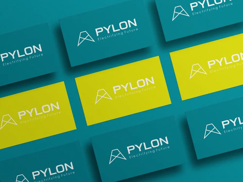 Pylon — Identity for an electrical infrastructure brand, applied across a two-colour stationery system.