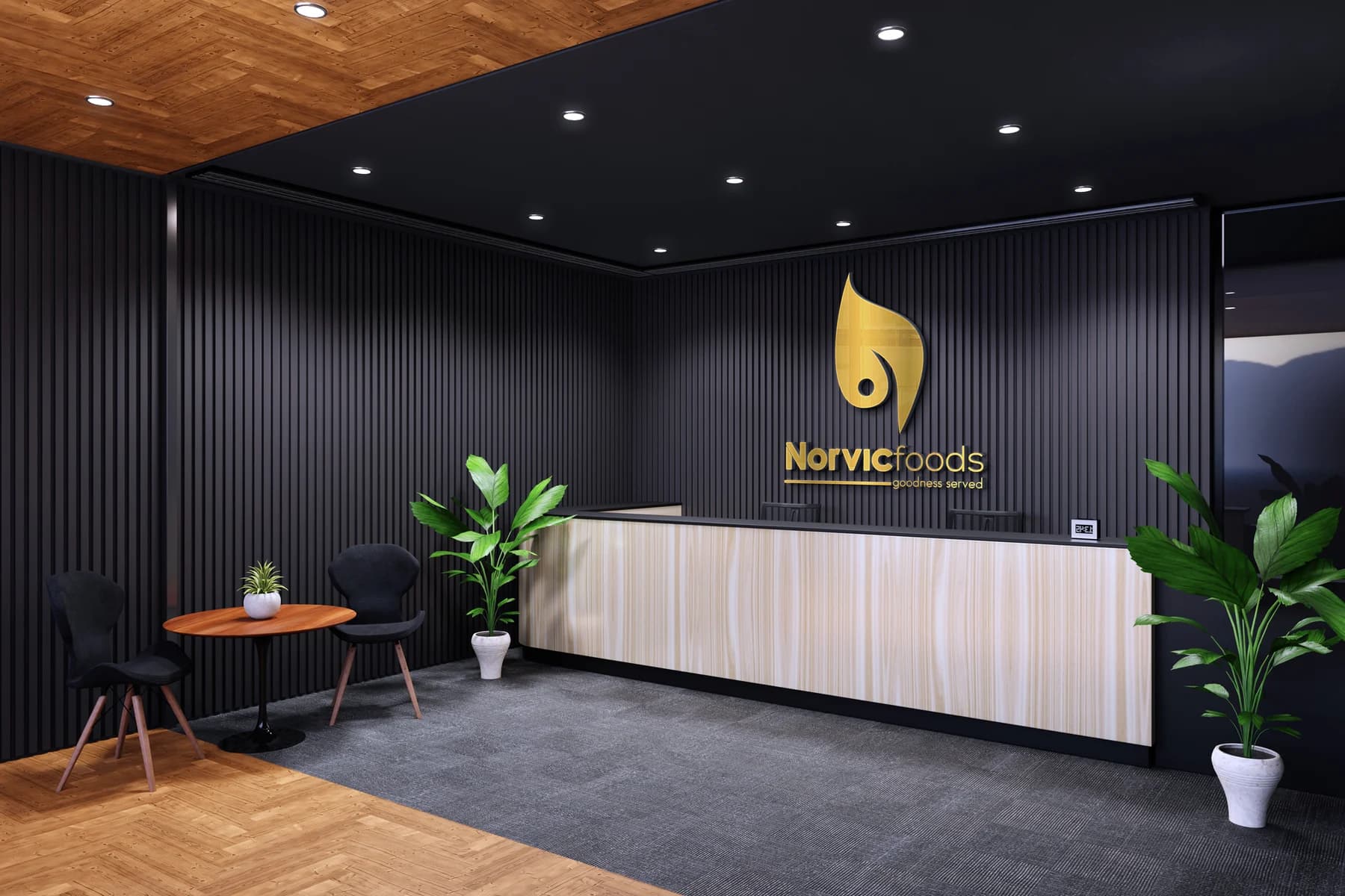 Norvic Foods — Identity for a food company, extended into reception signage and interior brand environment.